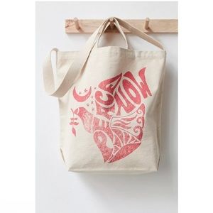 Free People Tote Canvas Heart Graphic Black Tan Flower Ombre Going Places NEW